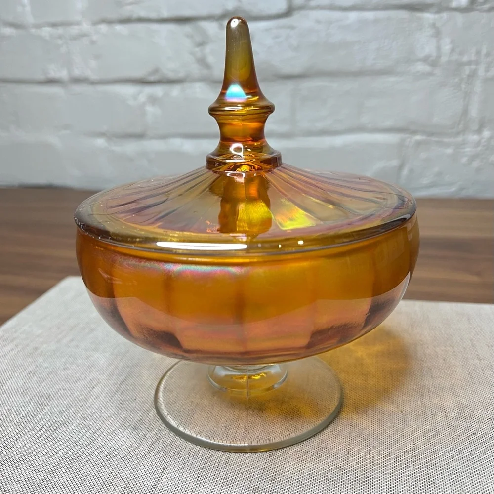 Vintage MCM Marigold Iridescent Carnival Glass Lidded Footed Candy Dish With Lid - Picture 1 of 10